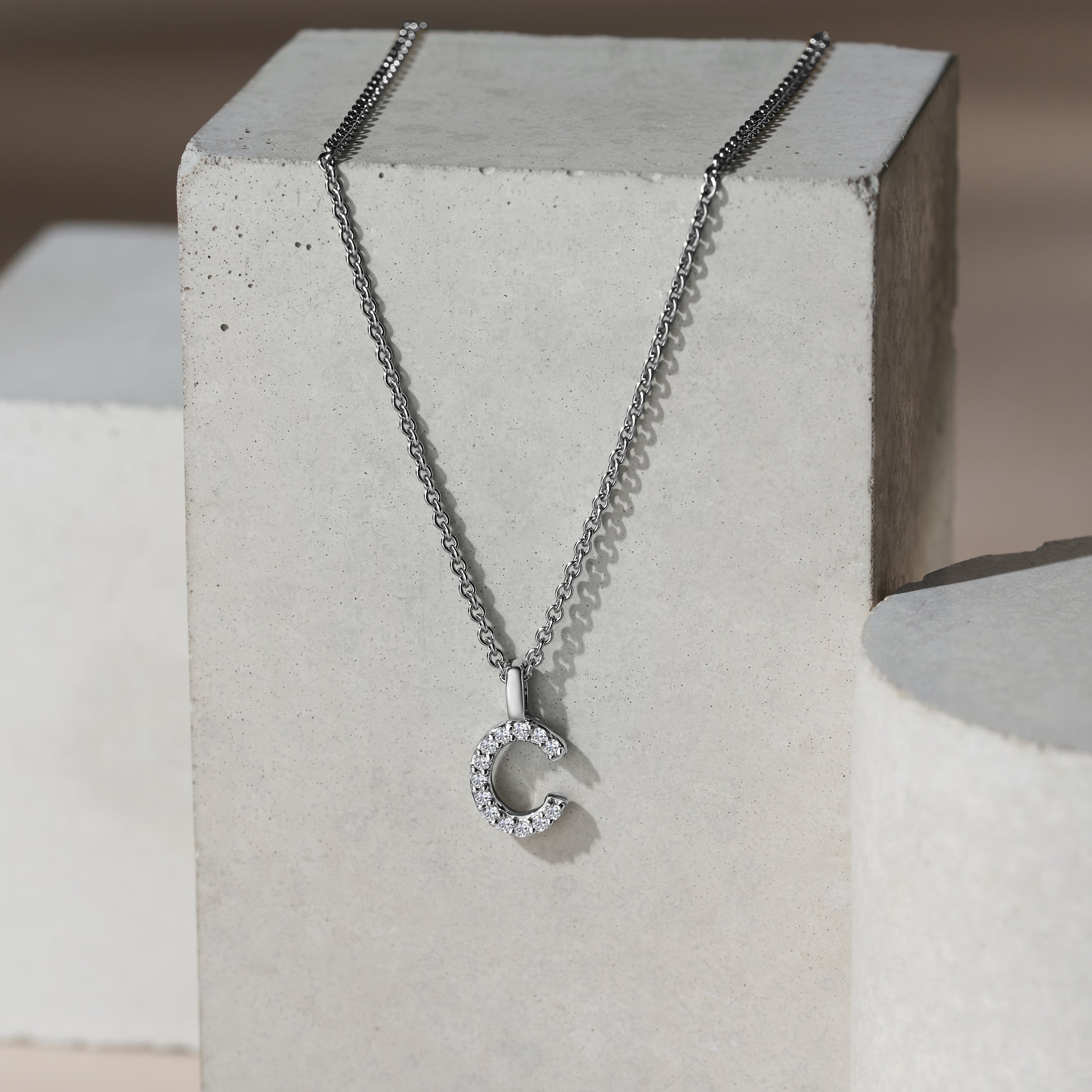 Love Letter Initial C Lab Diamond Necklace set in 9K White Gold